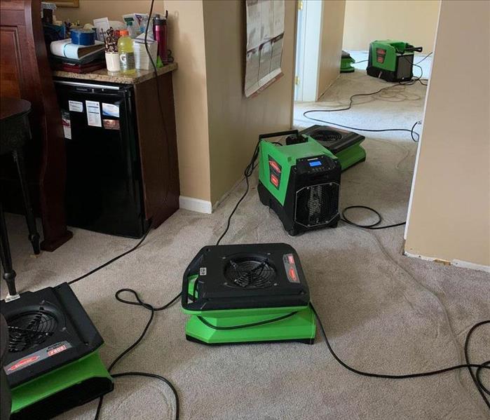 Green drying equipment standing on carpeted floor.